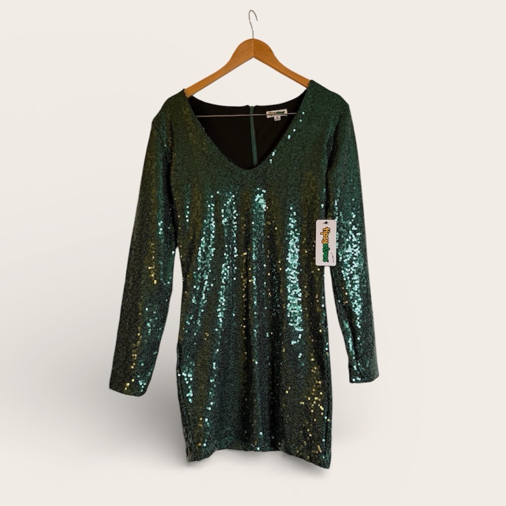 NWT— Tipsy Elves Green Sequin Dress L • NYE Party Holiday Long Sleeve Mini